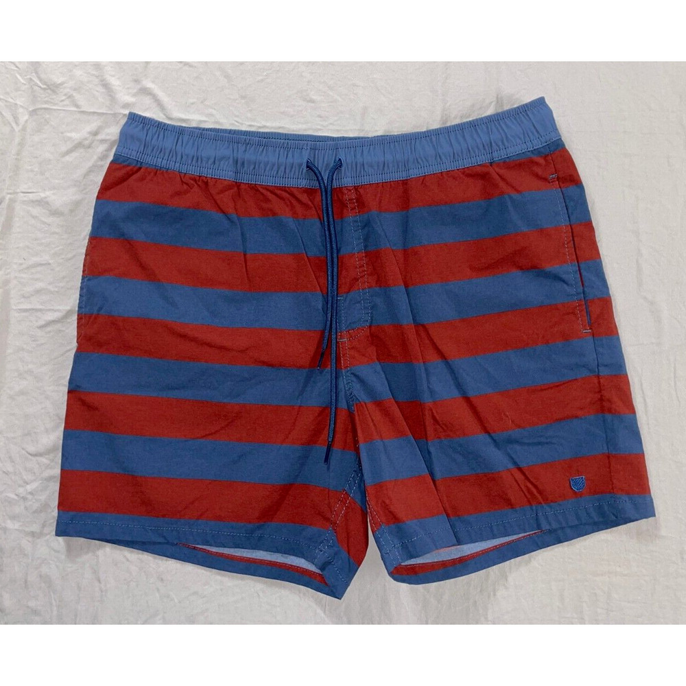 Brixton Elastic Waist Pull On Swim, Board Shorts. Blue/Burgundy Stripe, Size M.
